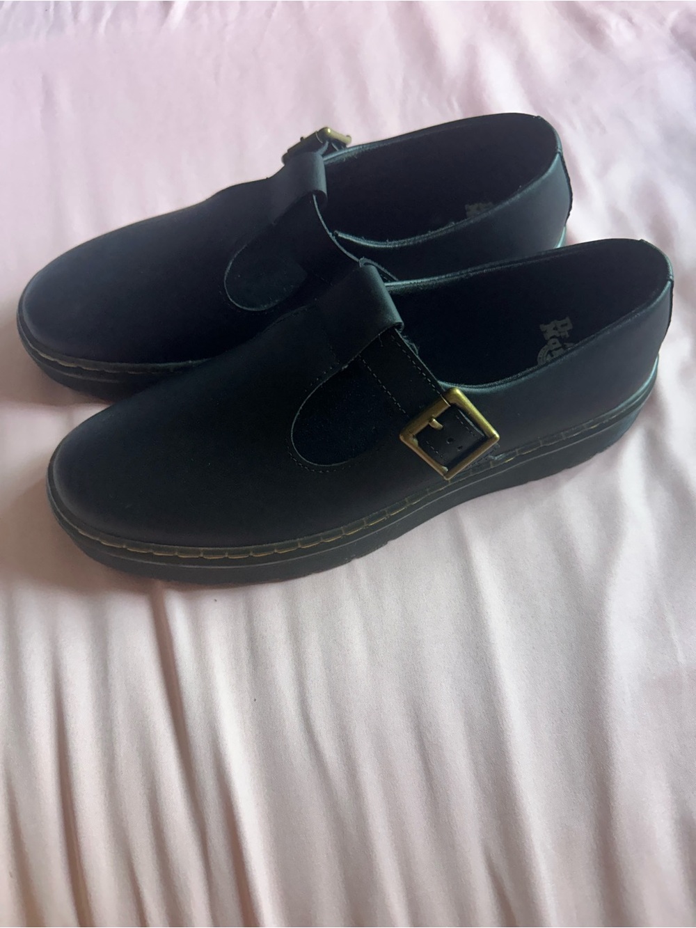 Dr. Martens Black Mary Jane with Gold Buckle and Yellow Stitching - Picture 2 of 4